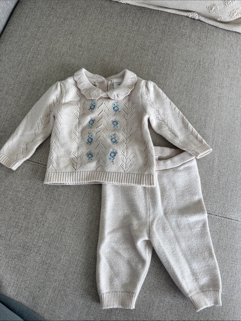 Gymboree Cream Knit Sweater and Pants Set with Blue Floral Detail